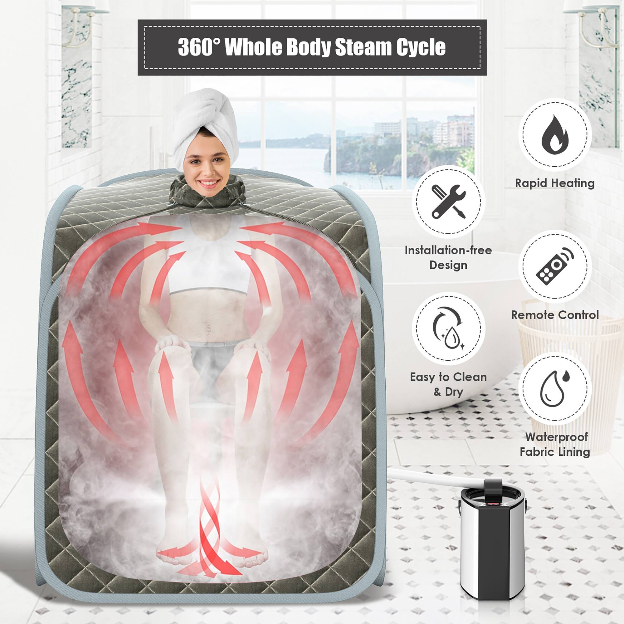 360 Whole Body Steam Cycle: Rapid Heating, Installation-free Design, Remote Control, Easy to Clean & Dry, Waterproof Fabric Lining.