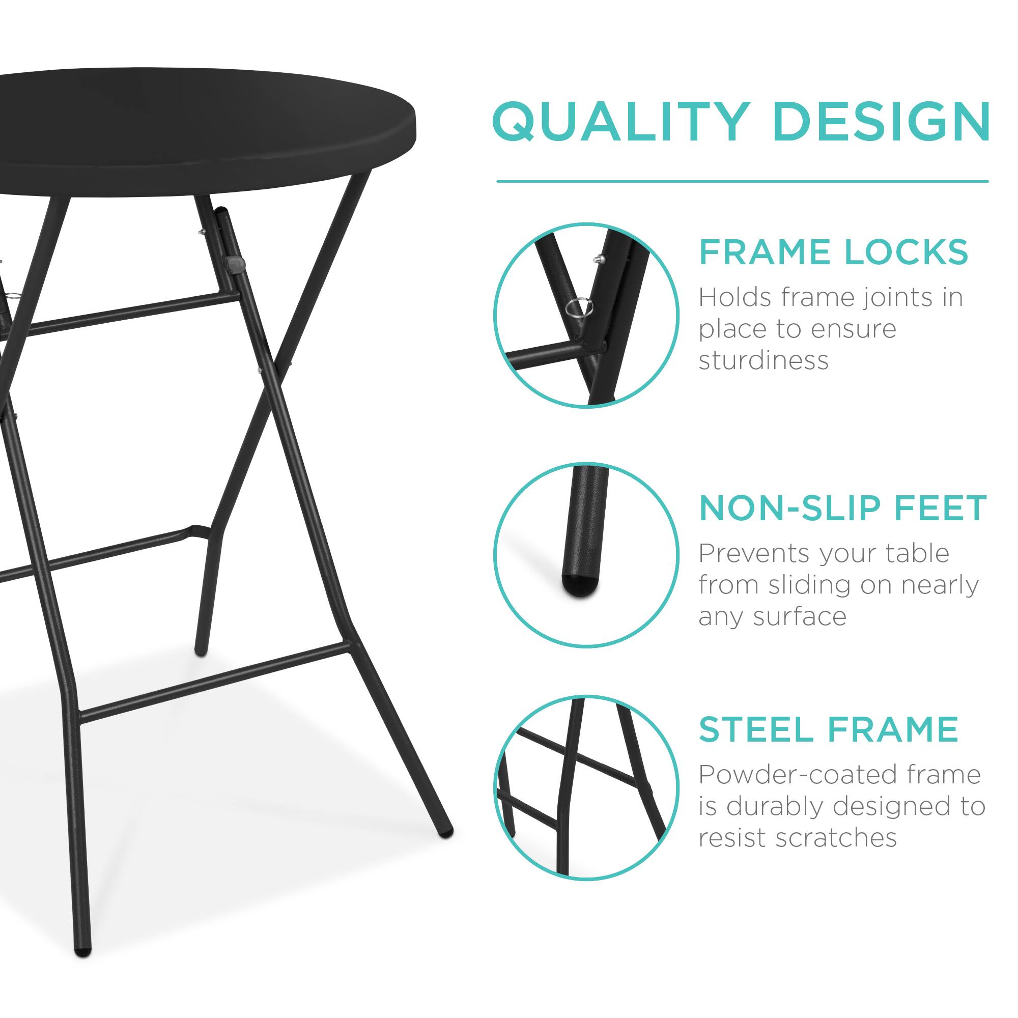 QUALITY DESIGN

FRAME LOCKS  
Holds frame joints in place to ensure sturdiness

NON-SLIP FEET  
Prevents your table from sliding on nearly any surface

STEEL FRAME  
Powder-coated frame is durably designed to resist scratches