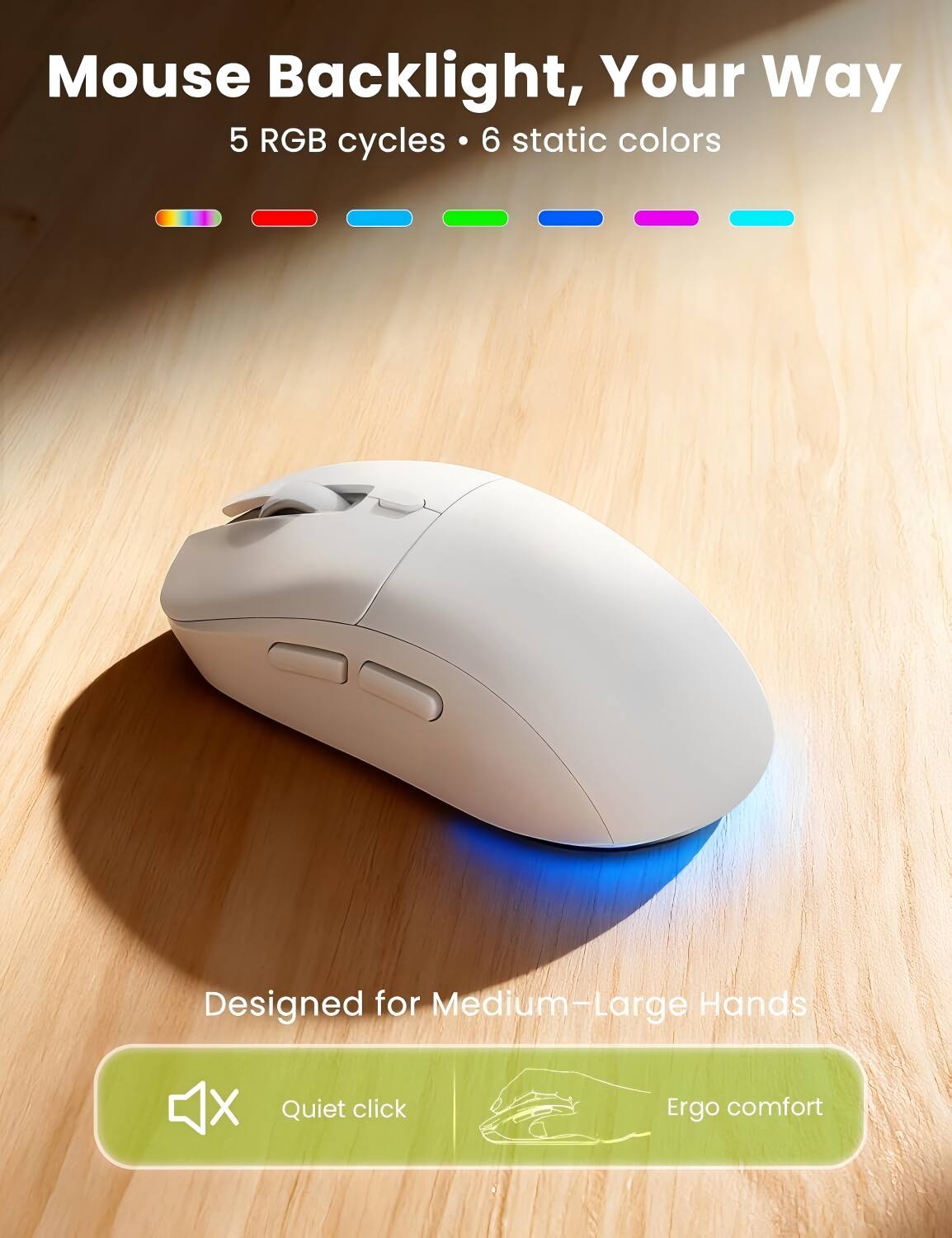 Mouse Backlight, Your Way  
5 RGB cycles • 6 static colors  
Designed for Medium-Large Hands  
Quiet click  
Ergo comfort
