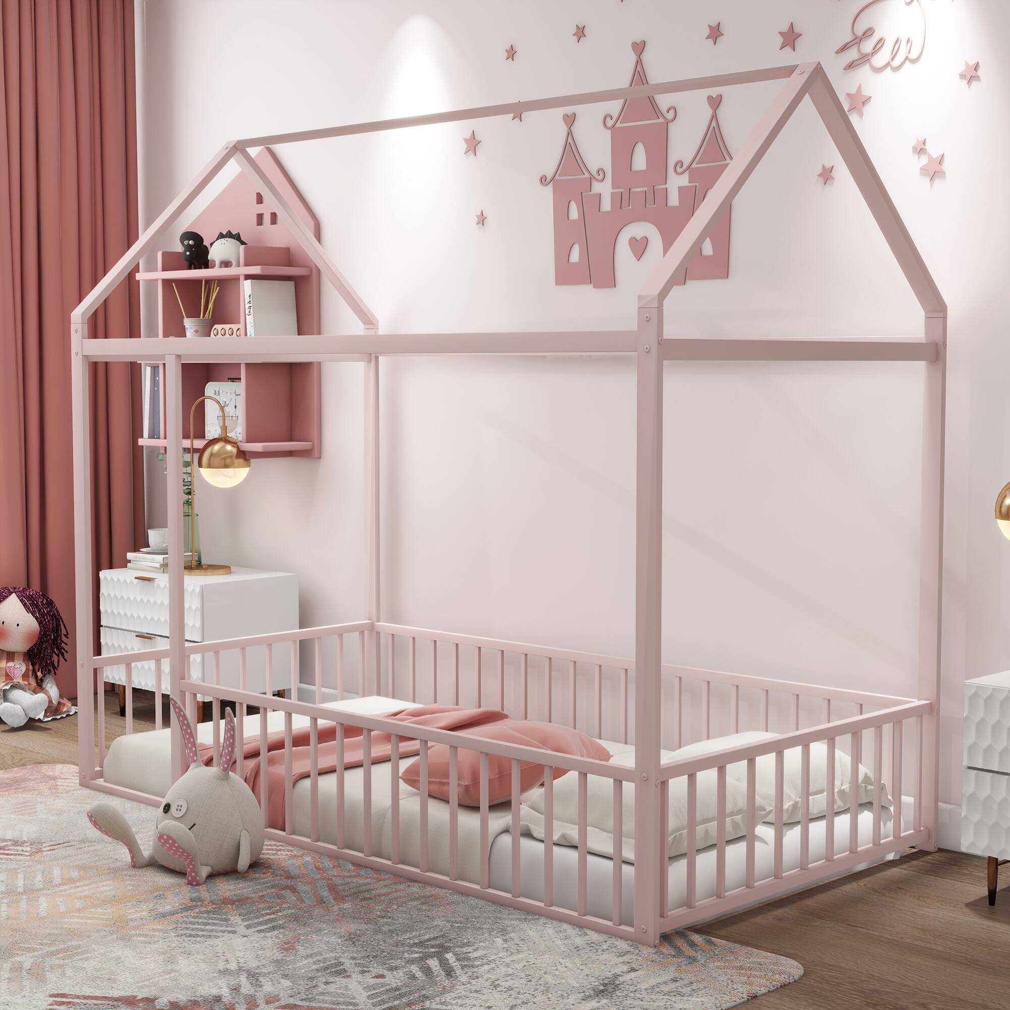 Angle. GOODSILO - Twin Size Playhouse Bed Frame with Safety Fence for Kids and Teens - Sturdy Metal Construction - Pink.