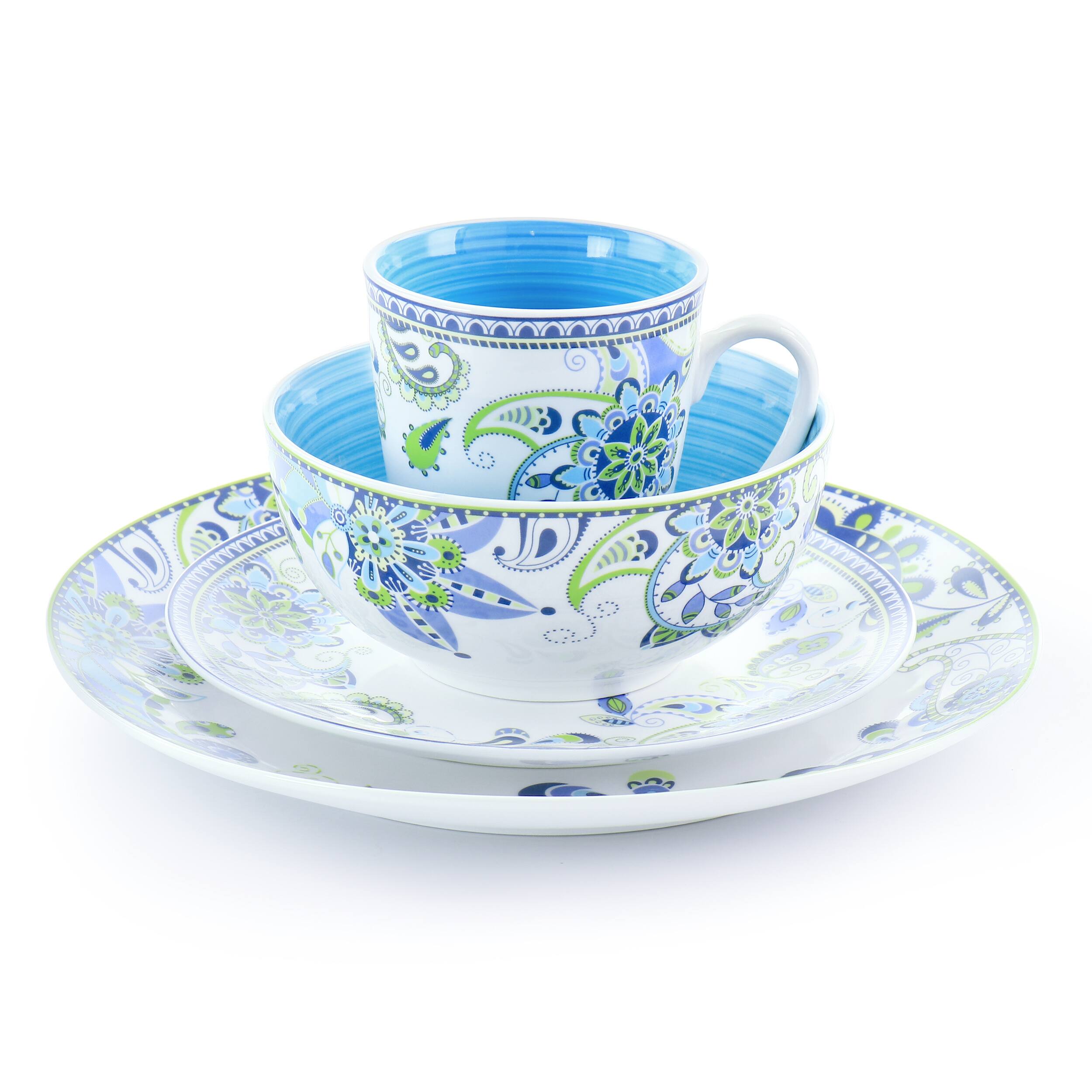 Alt View 1. Elama - Elama Blue Fiesta 16 Piece Round Porcelain Dinnerware Set - White, Blue, and Green.