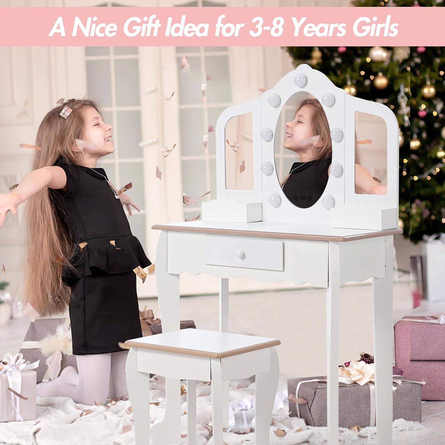 Alt View 2. Acekool - Kids Vanity Table & Stool (3-9 Yrs Girls) - Lighted Tri-Fold Mirror, Drawer & Storage Grid for Kids Makeup - White.