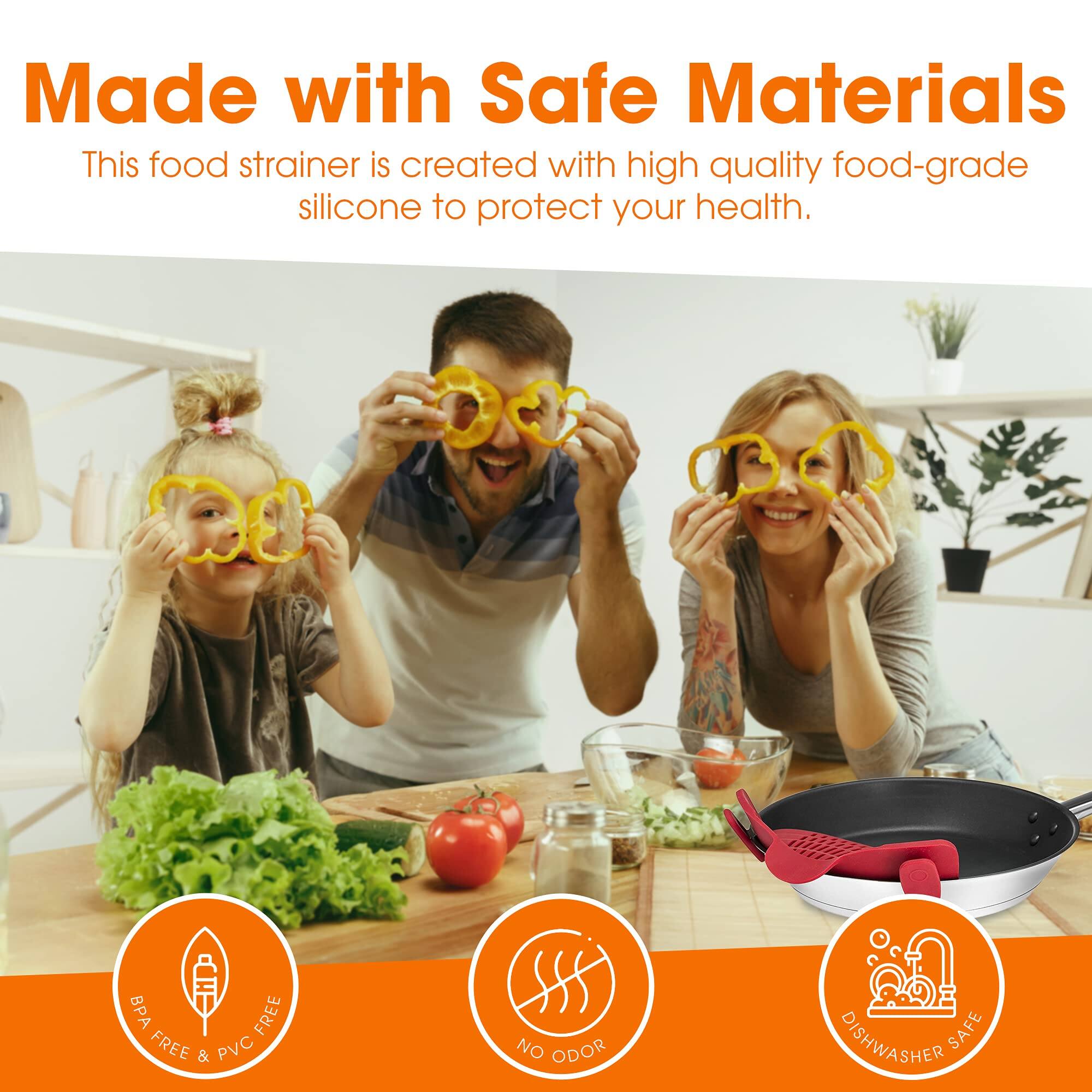 Made with Safe Materials  
This food strainer is created with high quality food-grade silicone to protect your health.  

BPA FREE & PVC FREE  
NO ODOR  
DISHWASHER SAFE