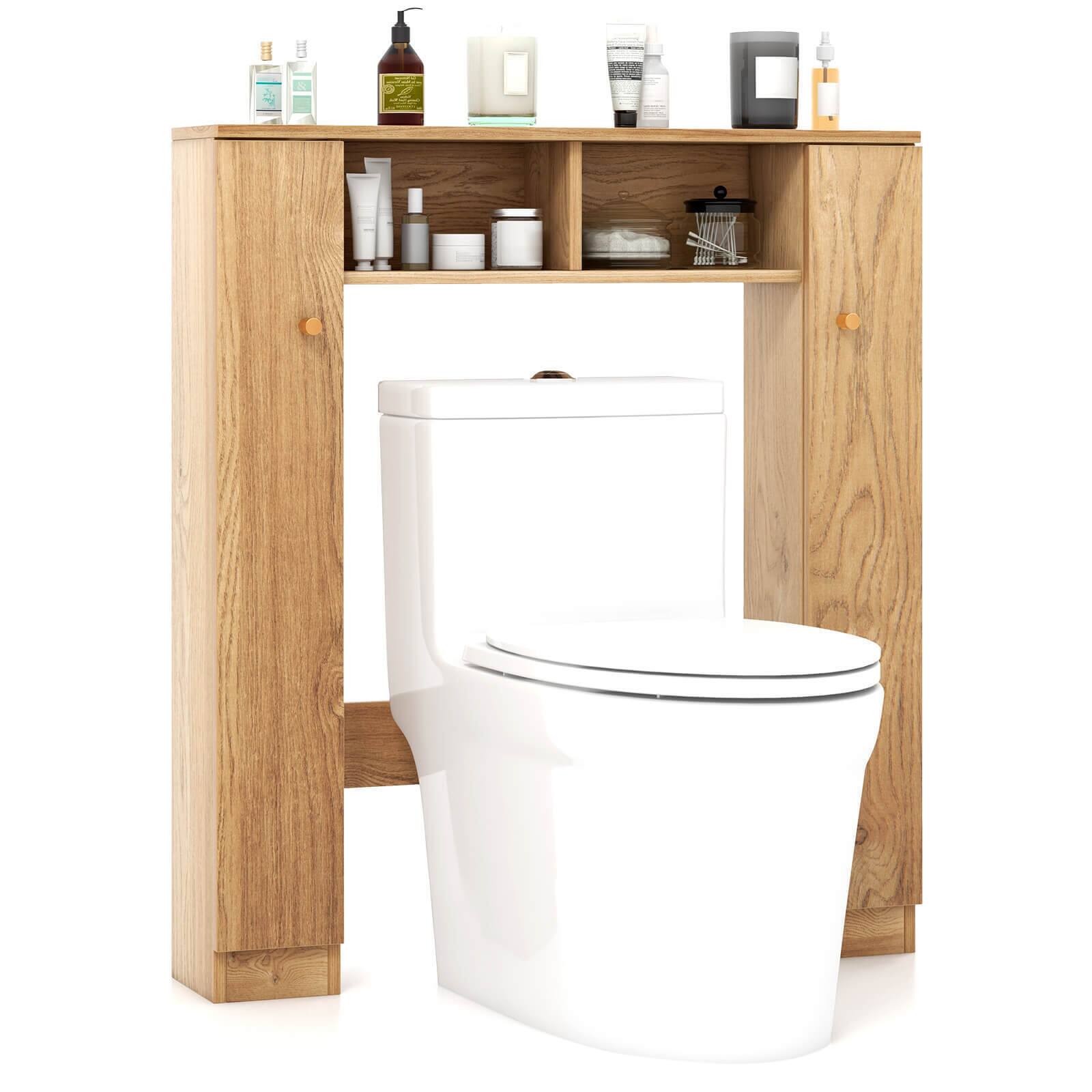 Left. SlickBlue - Toilet Storage Cabinet with 4 Adjustable Shelves and 2 Open Compartments - Natural.