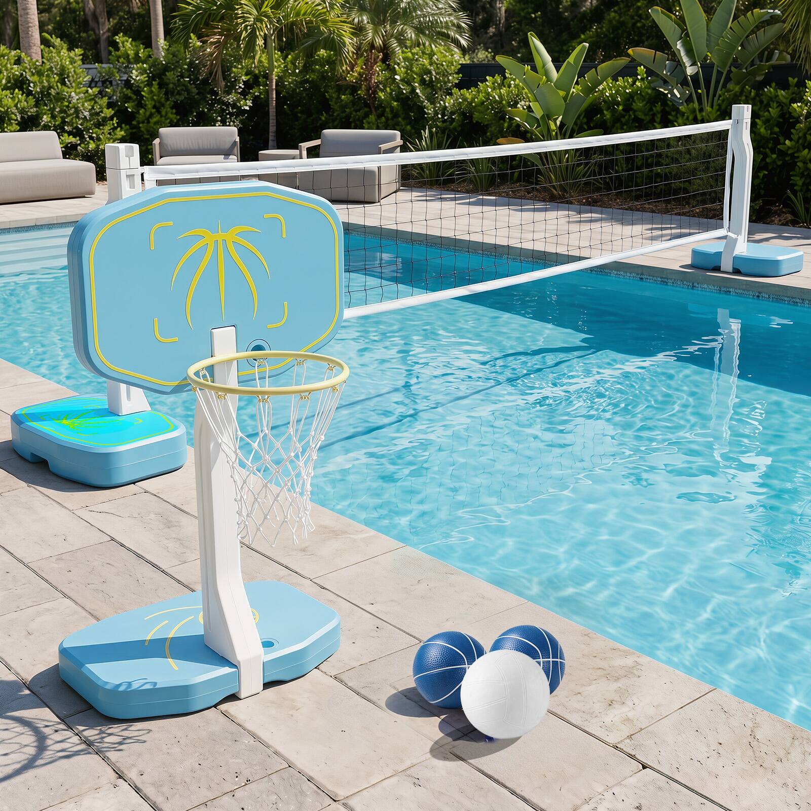 Alt View 1. Costway - Costway 2-in-1 Pool Basketball Hoop & Pool Volleyball Net, Weighted Base, 2 Basketballs - Blue + Yellow.