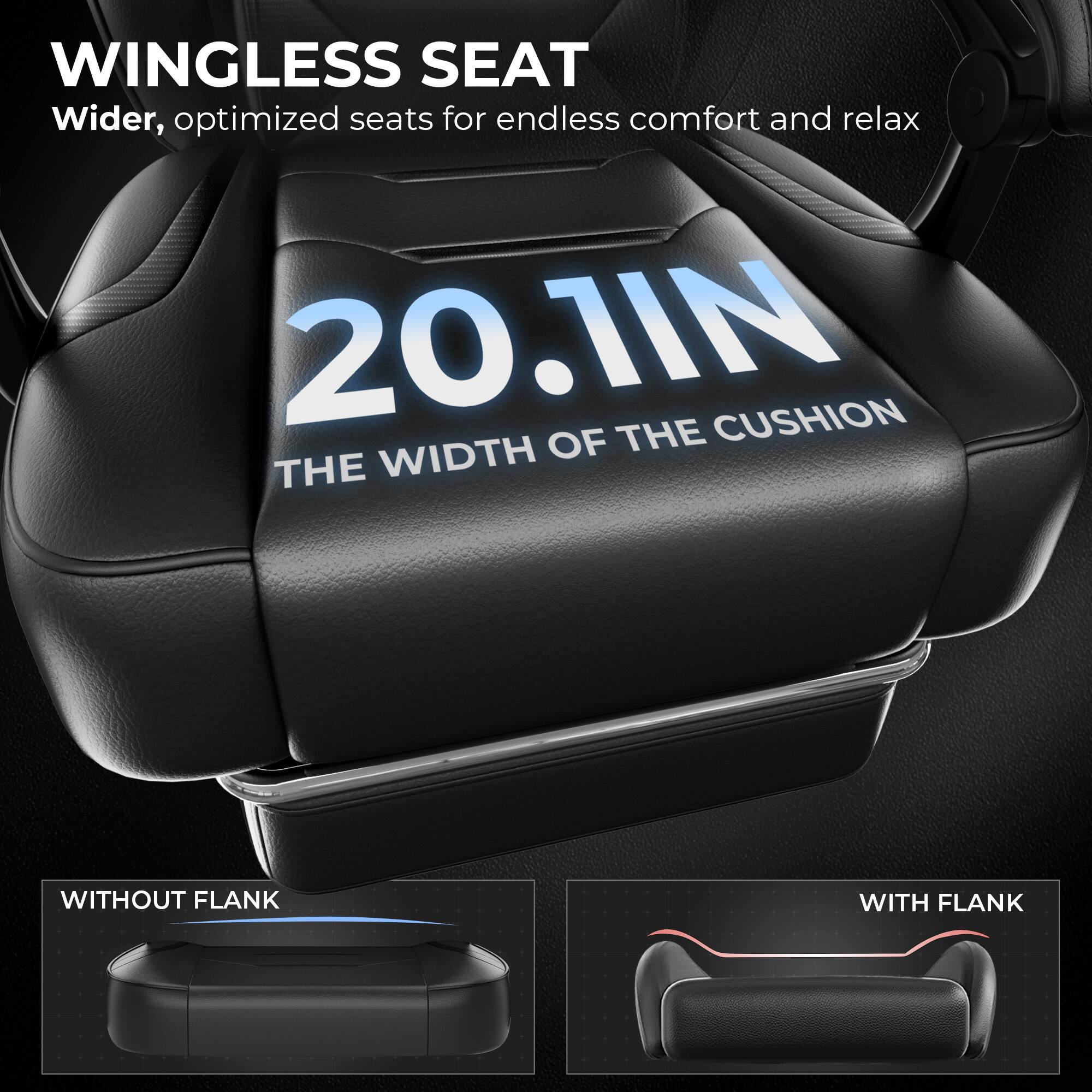WINGLESS SEAT Wider, optimized seats for endless comfort and relax 20.1IN THE WIDTH OF THE CUSHION WITHOUT FLANK WITH FLANK