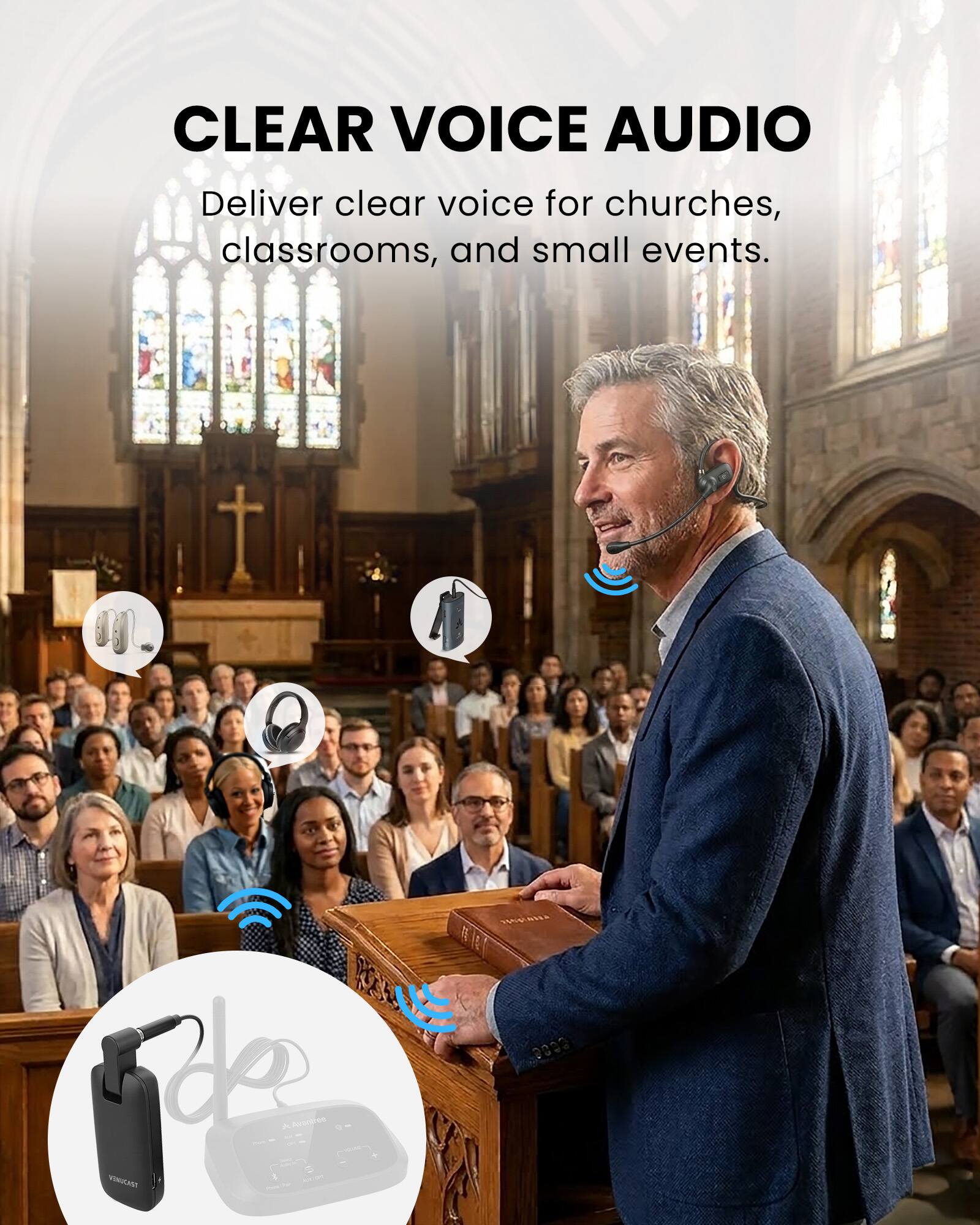 CLEAR VOICE AUDIO  
Deliver clear voice for churches, classrooms, and small events.