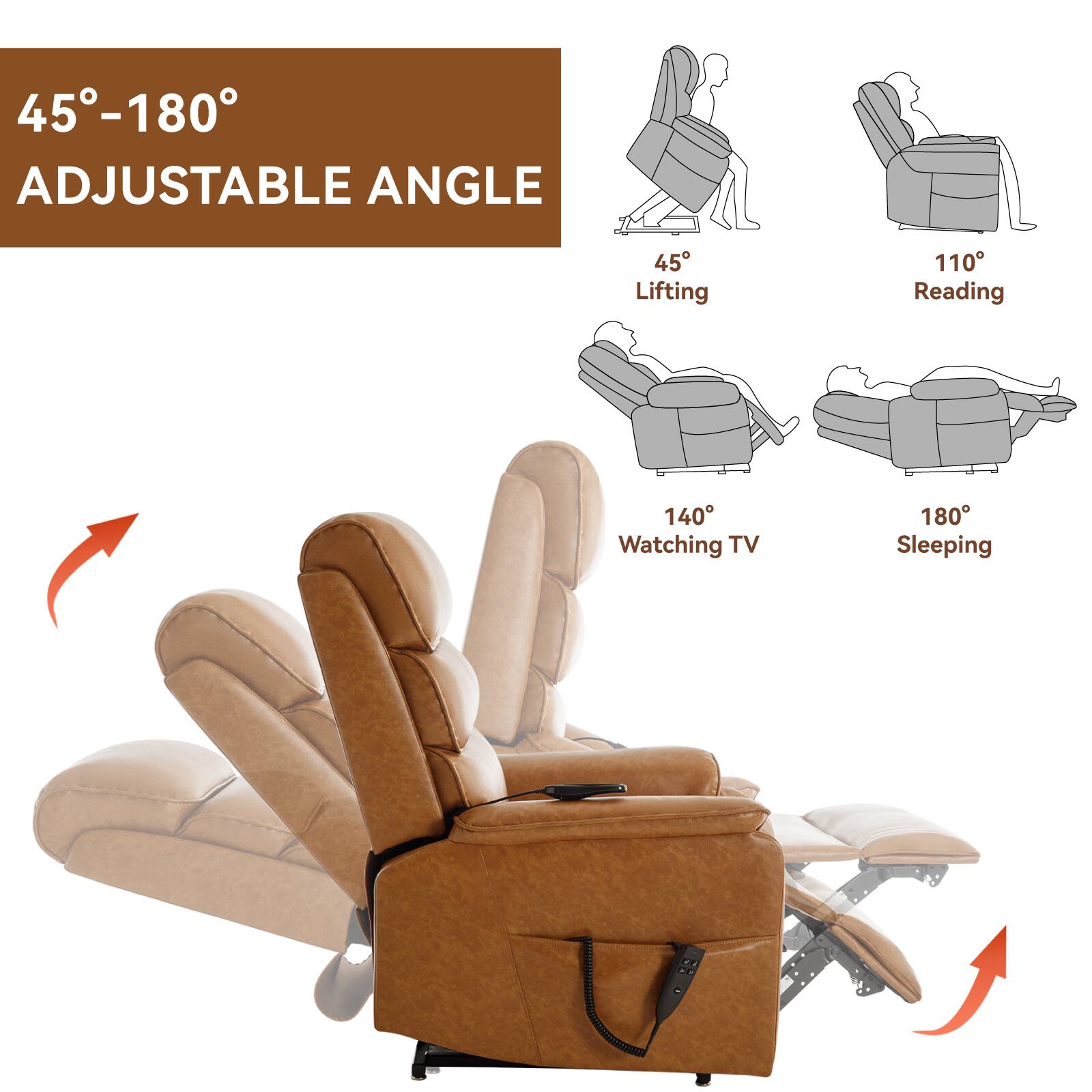 45°-180° Adjustable Angle

45° Lifting  
110° Reading  
140° Watching TV  
180° Sleeping