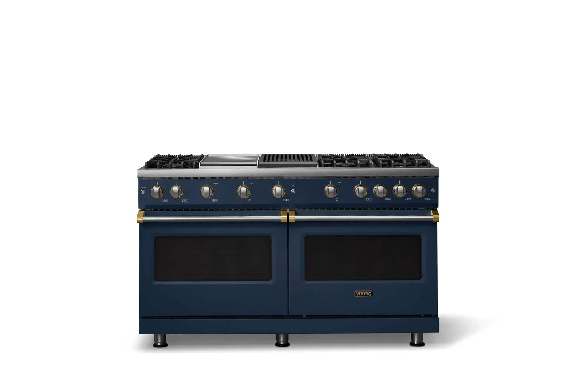 Viking - 60"W.Pro5S  8.0 Cu. Ft. Freestanding Sealed 6 Burner Gas Convection Range/Griddle/Dbl Oven-Slate Blue/Brushed Brass - Slate Blue
