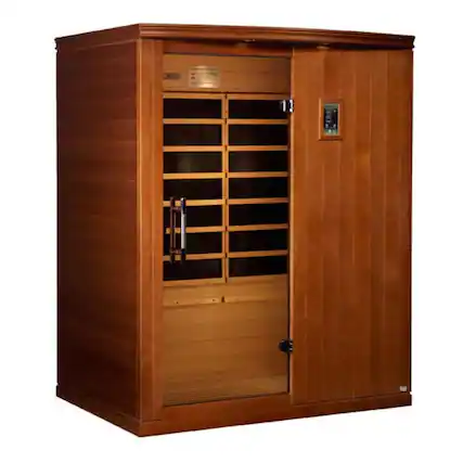 Front. Dynamic Saunas - Dynamic Saunas Madrid Elite 3 Person Ultra Low EMF Infrared Lighting Home Sauna - Natural Stain Finish.
