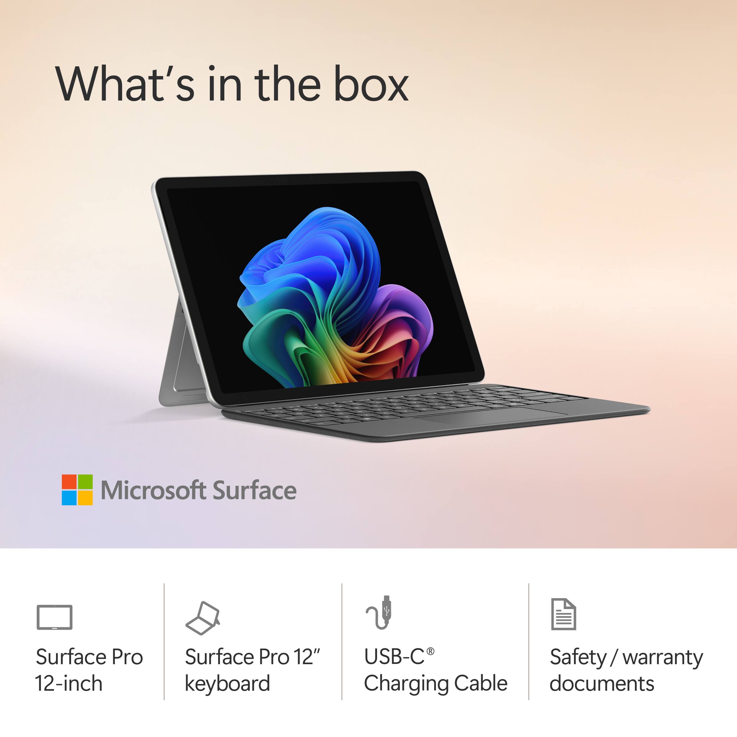What's in the box

Microsoft Surface

- Surface Pro 12-inch
- Surface Pro 12" keyboard
- USB-C® Charging Cable
- Safety / warranty documents