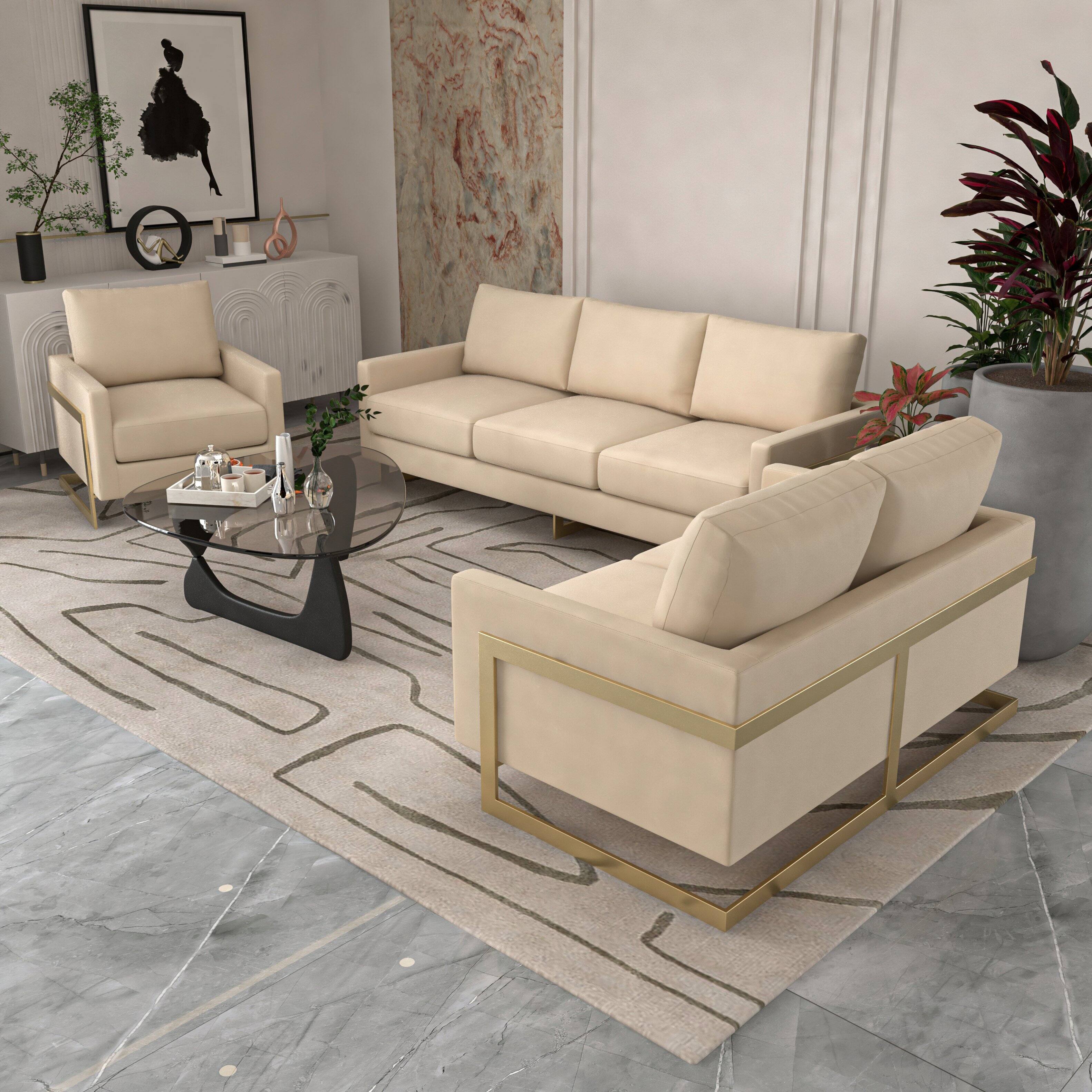 Back. LeisureMod - Lincold Modern Velvet Accent Chair, Gold Stainless Steel Sled Base Upholstered Armchair - Fully Assembled - Beige.