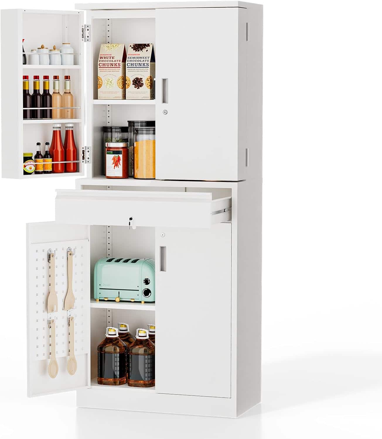 Winado - Metal Kitchen Pantry Storage Cabinet with Drawer & Doors & Cupboard & Adjustable Shelf - White