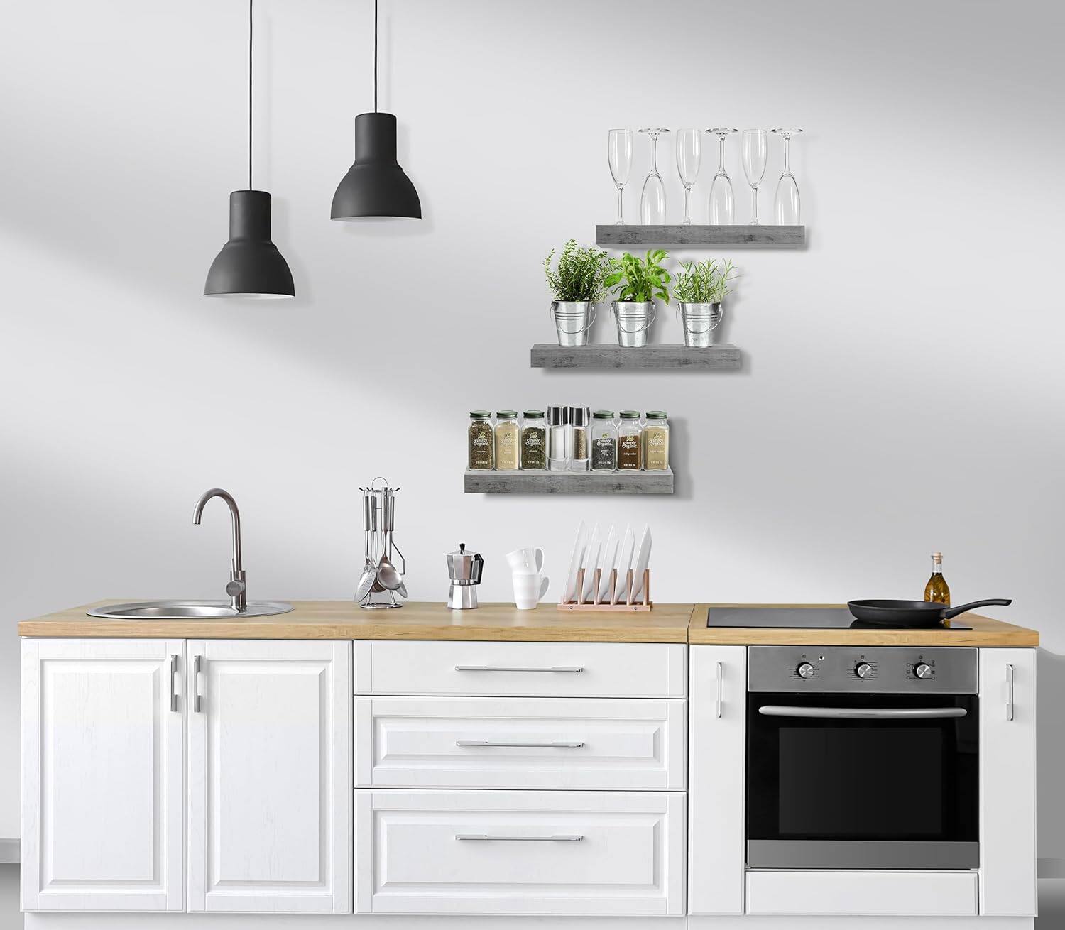 Alt View 3. Sorbus - 3 Pack (16"x5") Sorbus Floating Wall Shelves for Bedroom, Decor, Kitchen, Living Room - for Trophies, Frames, Bookshelf - Grey.