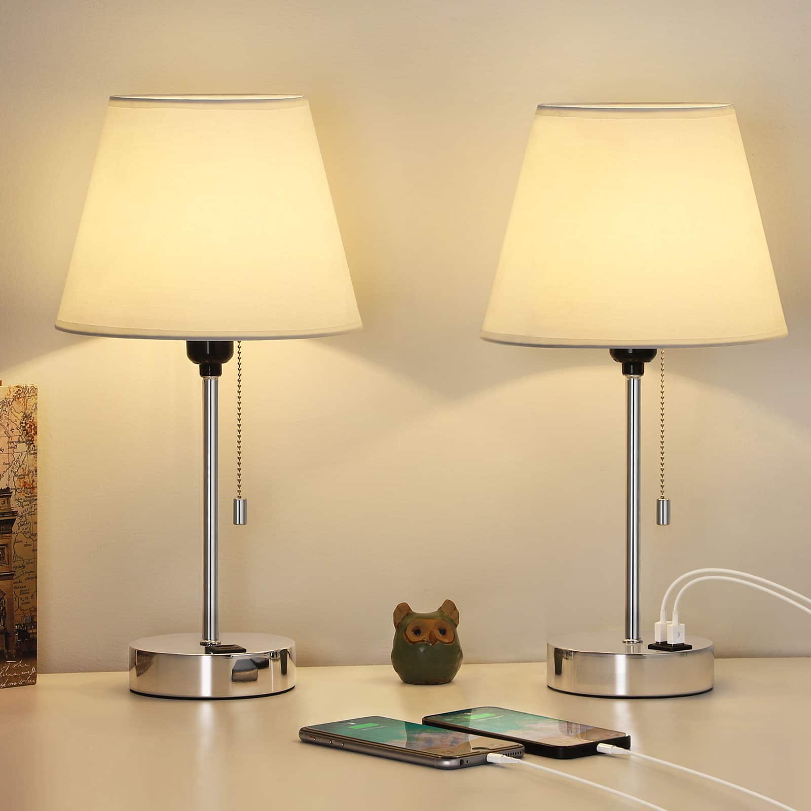 Oumilen - Set of 2 Table Lamps with Dual USB Ports, Pull Chain Switch, 15.4in Tall, Bulbs Not Included