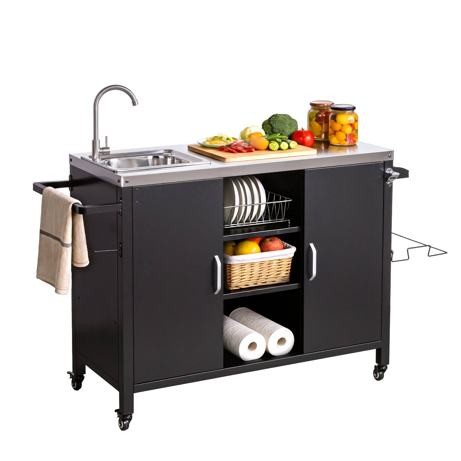 Front. Winado - Rolling Grill Cart Movable Table with Wheel, Cabinet, Sink, Handle for Kitchen Island Outdoor Grill Camping Picnic Party - Black.