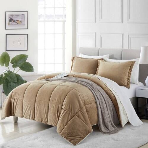 Hivvago - Queen Plush Microfiber Reversible Comforter Set - Gold