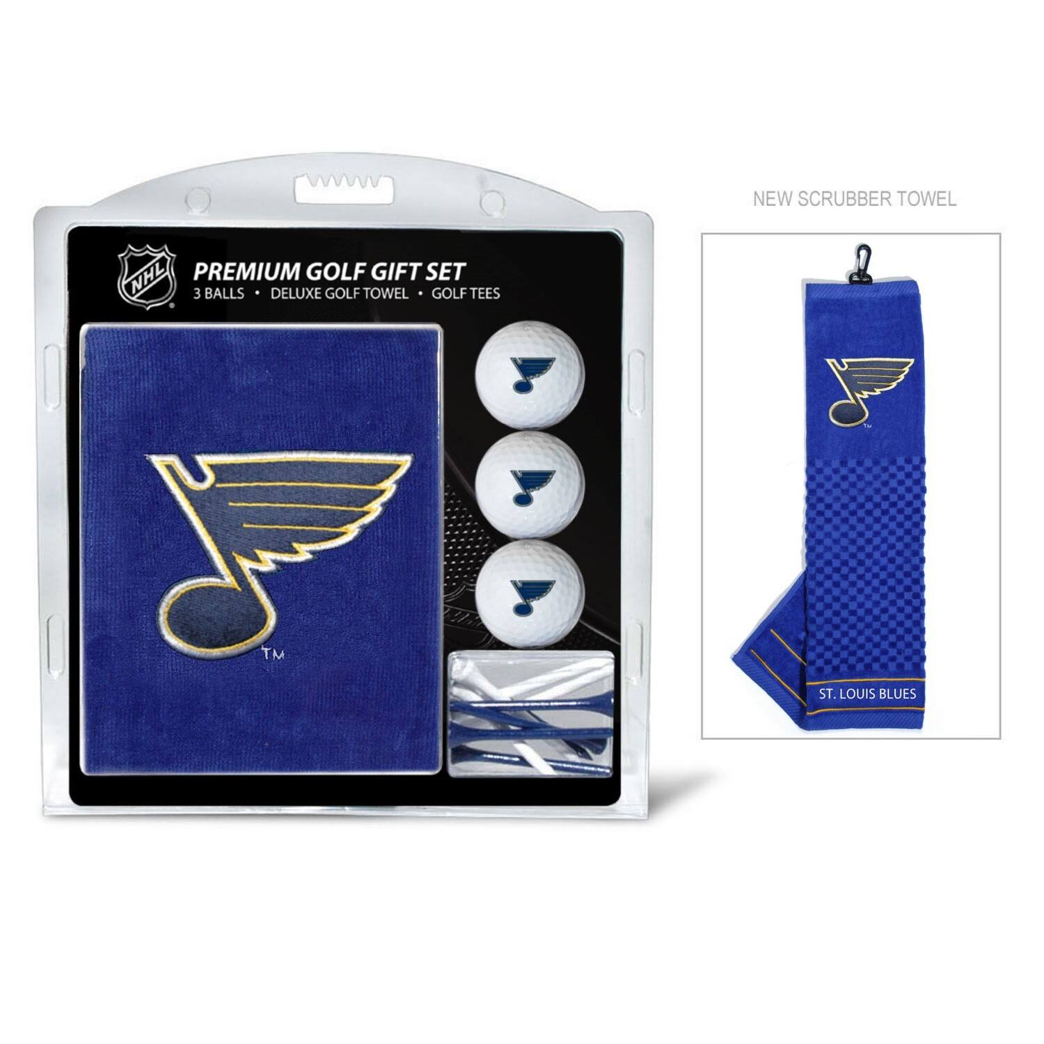 NEW SCRUBBER TOWEL  
PREMIUM GOLF GIFT SET  
3 BALLS • DELUXE GOLF TOWEL • GOLF TEES  
ST. LOUIS BLUES