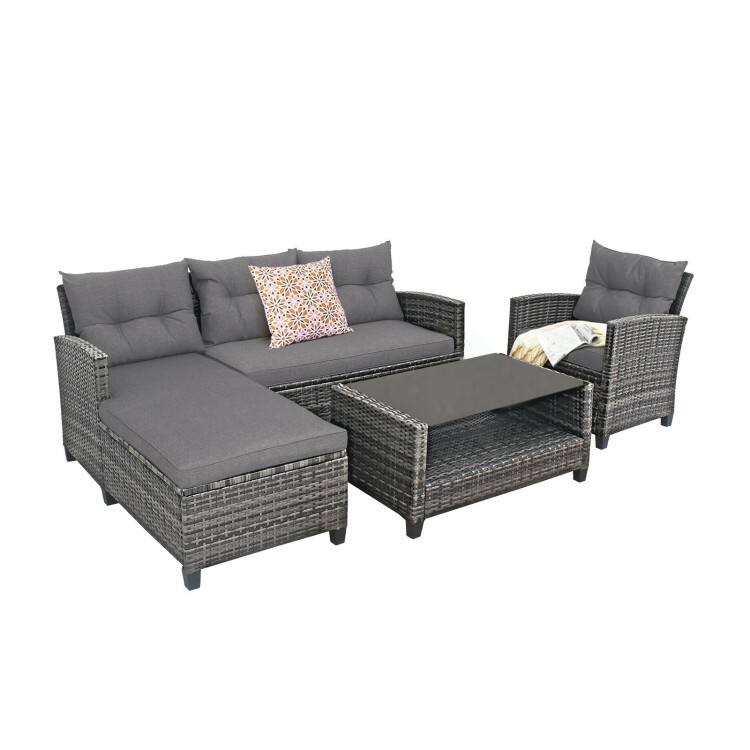 Alt View 6. Mondawe - 4-Piece Patio Rattan Sofa Set w/ Cushions & Table, Outdoor Conversation Set with Loveseat & Lounge Chair - Grey.