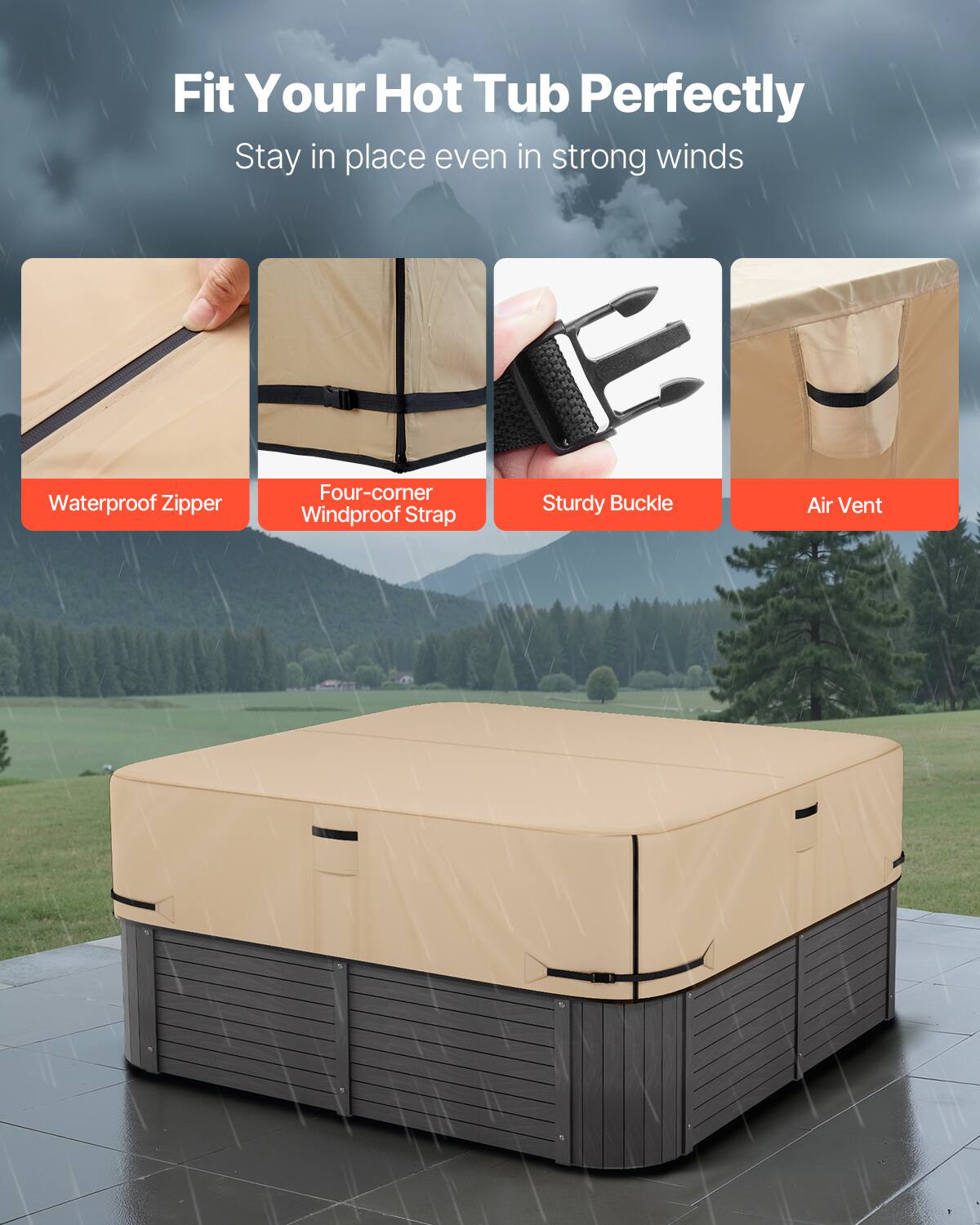 Fit Your Hot Tub Perfectly  
Stay in place even in strong winds  

- Waterproof Zipper  
- Four-corner Windproof Strap  
- Sturdy Buckle  
- Air Vent