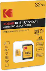 32GB KODAK UHS-I U1 V10 A1 microSDHC MEMORY CARD PREMIUM PERFORMANCE microSDHC UHS-I U1 V10 A1 CLASS 10 A1 APP PERFORMANCE FULL HD VIDEO 580X READ UP TO 85 MB/S