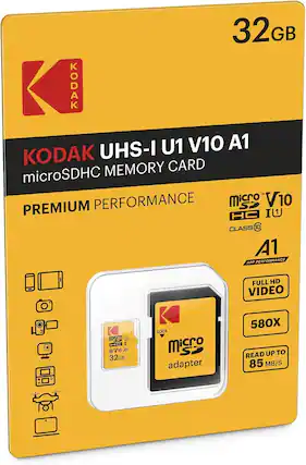 32GB KODAK UHS-I U1 V10 A1 microSDHC MEMORY CARD PREMIUM PERFORMANCE microSDHC UHS-I U1 V10 A1 CLASS 10 A1 APP PERFORMANCE FULL HD VIDEO 580X READ UP TO 85 MB/S