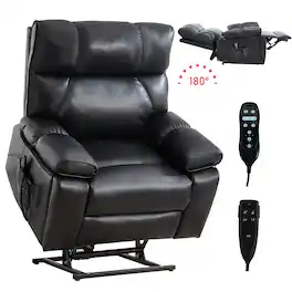 LUCKY ONE - Leatheraire Dual Motor Power Lift Recliner Chair with Massage, Heat and Hidden Cup Holders - Black