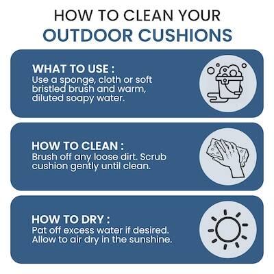 HOW TO CLEAN YOUR OUTDOOR CUSHIONS

WHAT TO USE:
Use a sponge, cloth or soft bristled brush and warm, diluted soapy water.

HOW TO CLEAN:
Brush off any loose dirt. Scrub cushion gently until clean.

HOW TO DRY:
Pat off excess water if desired. Allow to air dry in the sunshine.