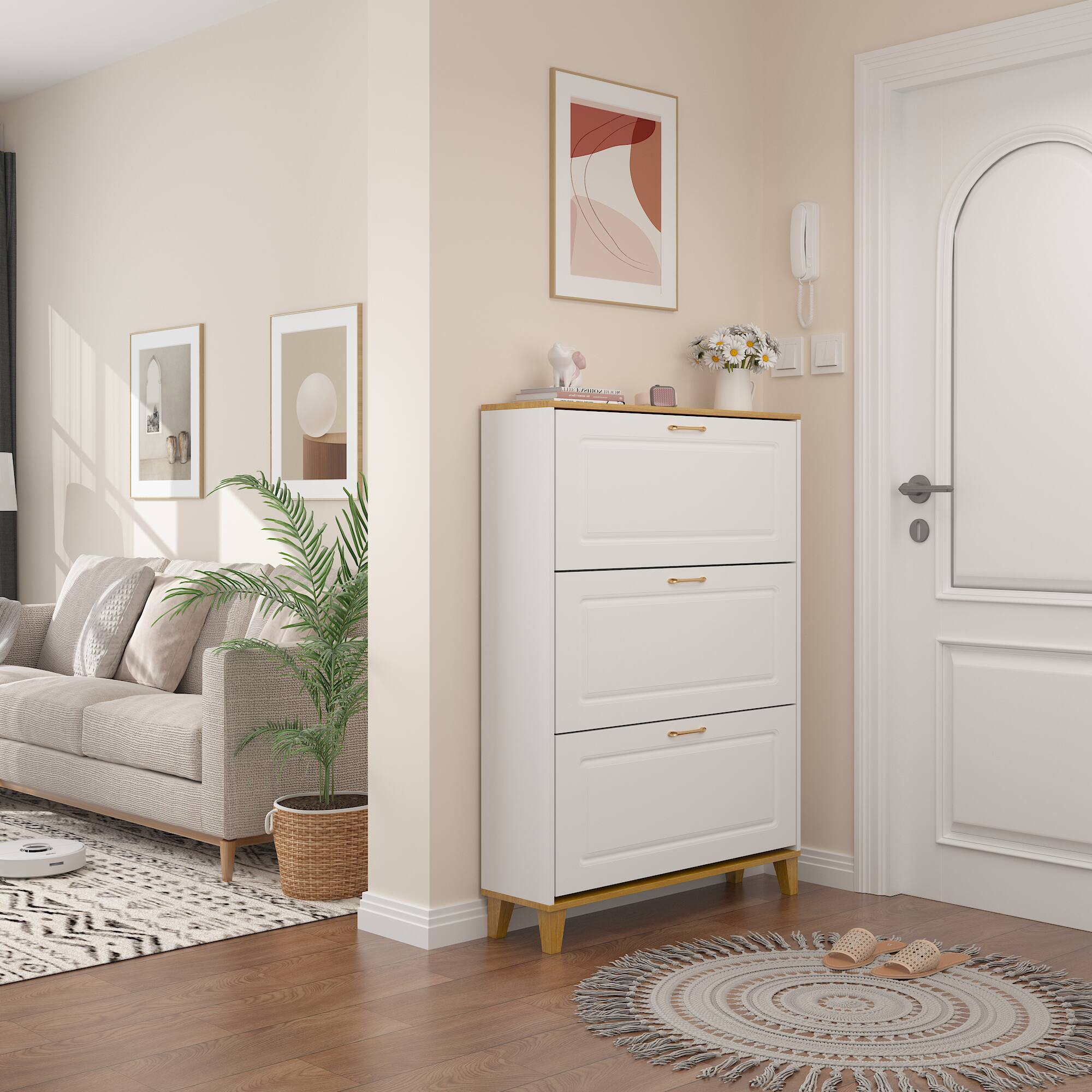 Alt View 8. Famapy - Famapy Modern Flip - Down Shoe Cabinet with Solid Wood Legs - White & Wooden.