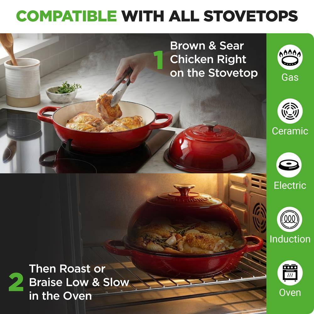 COMPATIBLE WITH ALL STOVETOPS

1. Brown & Sear Chicken Right on the Stovetop
   - Gas
   - Ceramic
   - Electric
   - Induction

2. Then Roast or Braise Low & Slow in the Oven
   - Oven