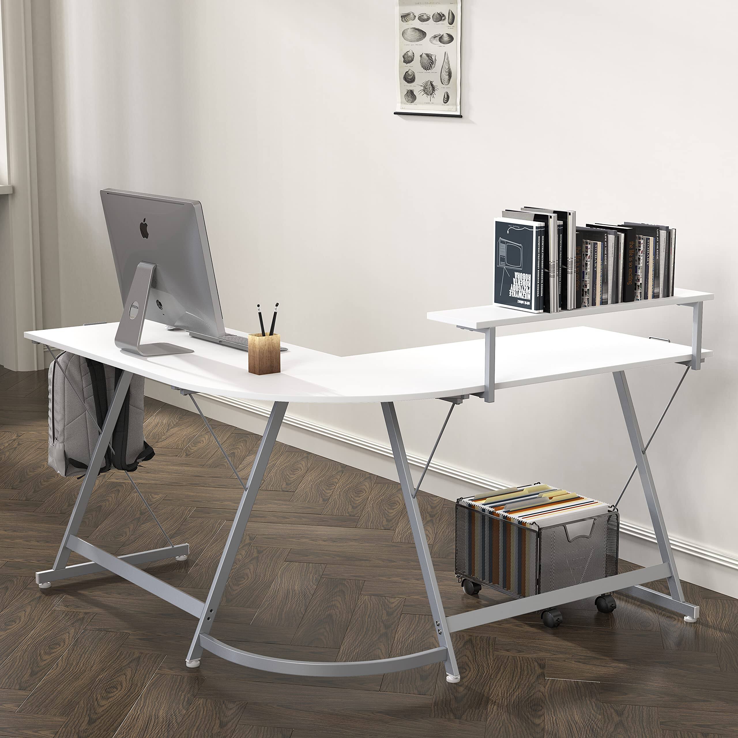 Alt View 4. Hirose Alice - SHW Vista L-Shaped Desk with Monitor Stand and Drawer - White.