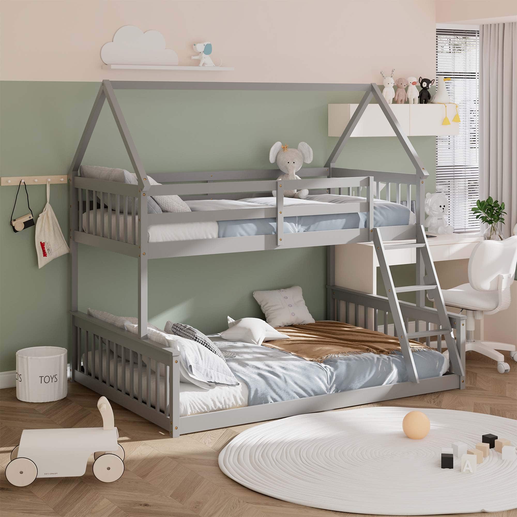 Costway - Twin Over Full House Bunk Bed with Ladder & Guardrails Convertible to 2 Beds - Gray