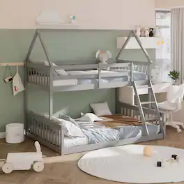 Costway - Twin Over Full House Bunk Bed with Ladder & Guardrails Convertible to 2 Beds - Gray