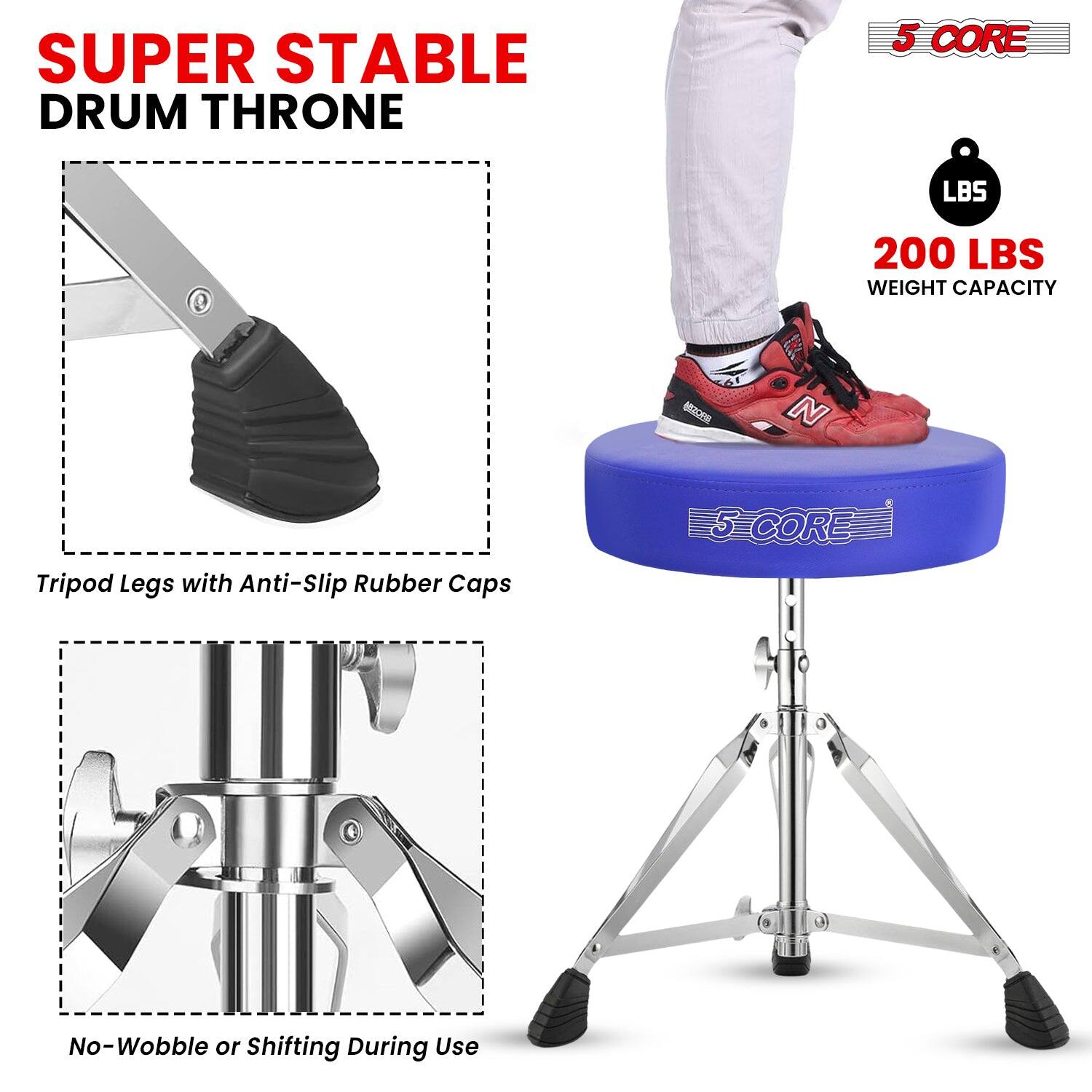 SUPER STABLE DRUM THRONE

5 CORE

200 LBS WEIGHT CAPACITY

Tripod Legs with Anti-Slip Rubber Caps

No-Wobble or Shifting During Use
