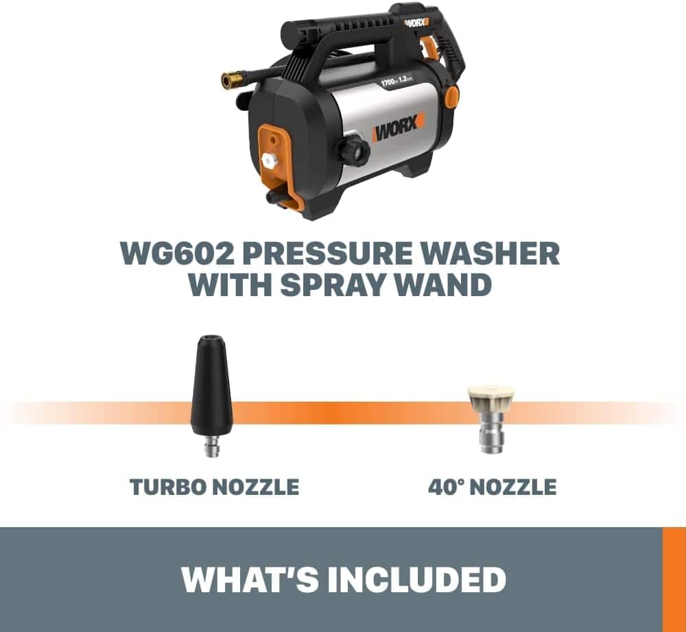 The text on the image is grouped and corrected as follows:
"WORX WG602 PRESSURE WASHER WITH SPRAY WAND TURBO NOZZLE 40 NOZZLE WHAT'S INCLUDED"