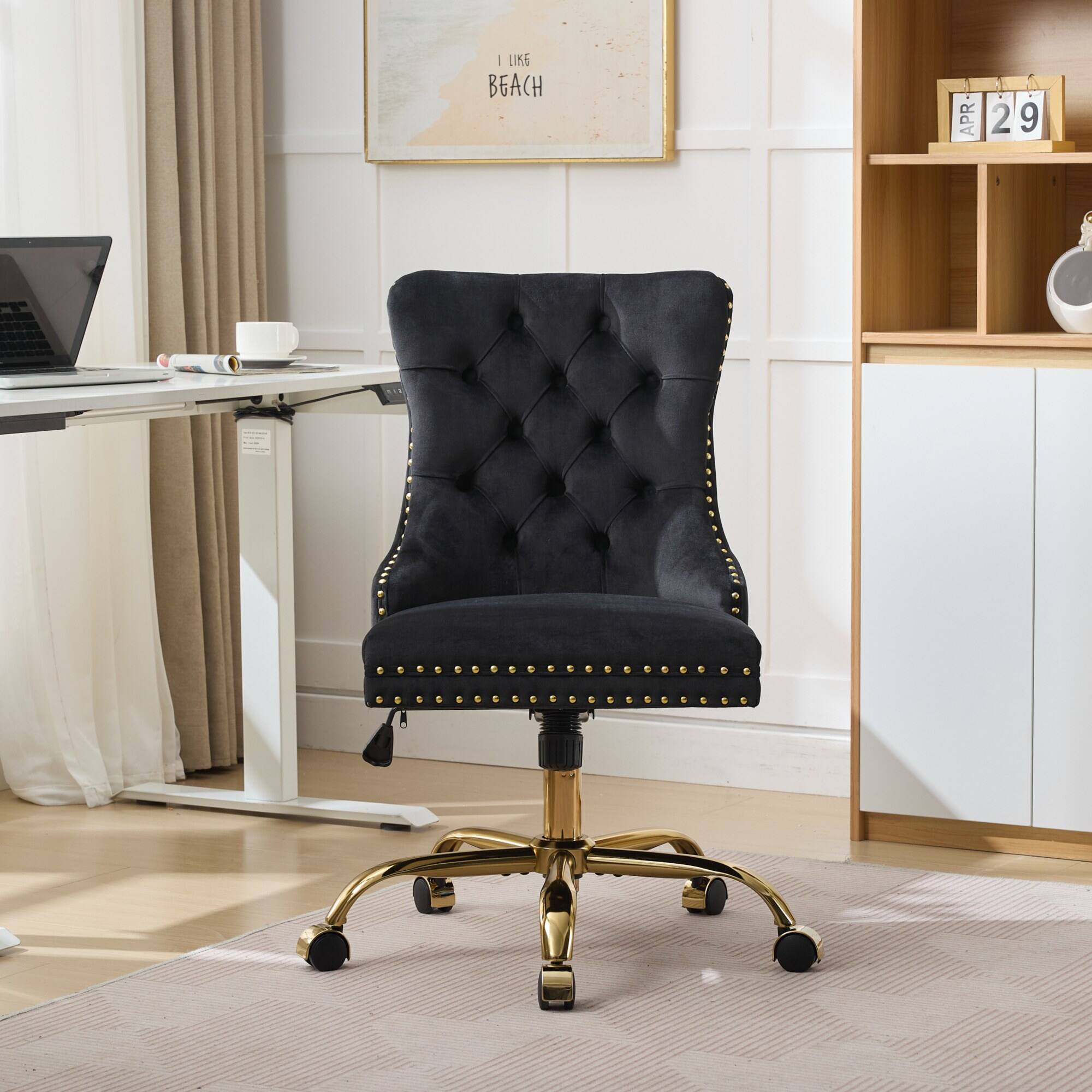 PexFix - Modern Office Chair, Tufted Velvet Upholstery, Adjustable Height & Swivel with Chrome Base, for Home Office - Black