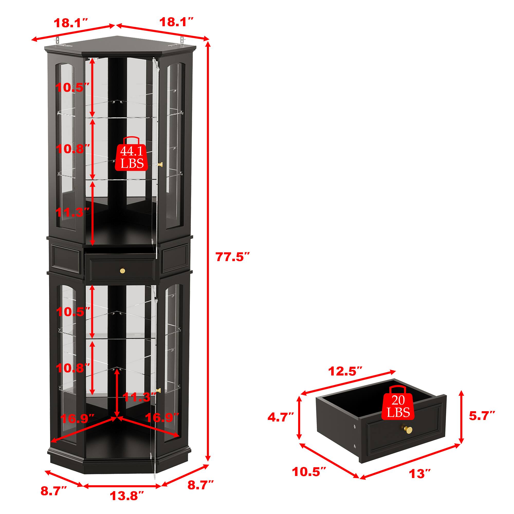 18.1" x 18.1" x 77.5"  
10.5" x 10.8" x 11.3" x 16.9" x 16.9" x 4.7"  
44.1 LBS  
12.5" x 5.7" x 10.5" x 13" x 8.7" x 13.8"  
20 LBS