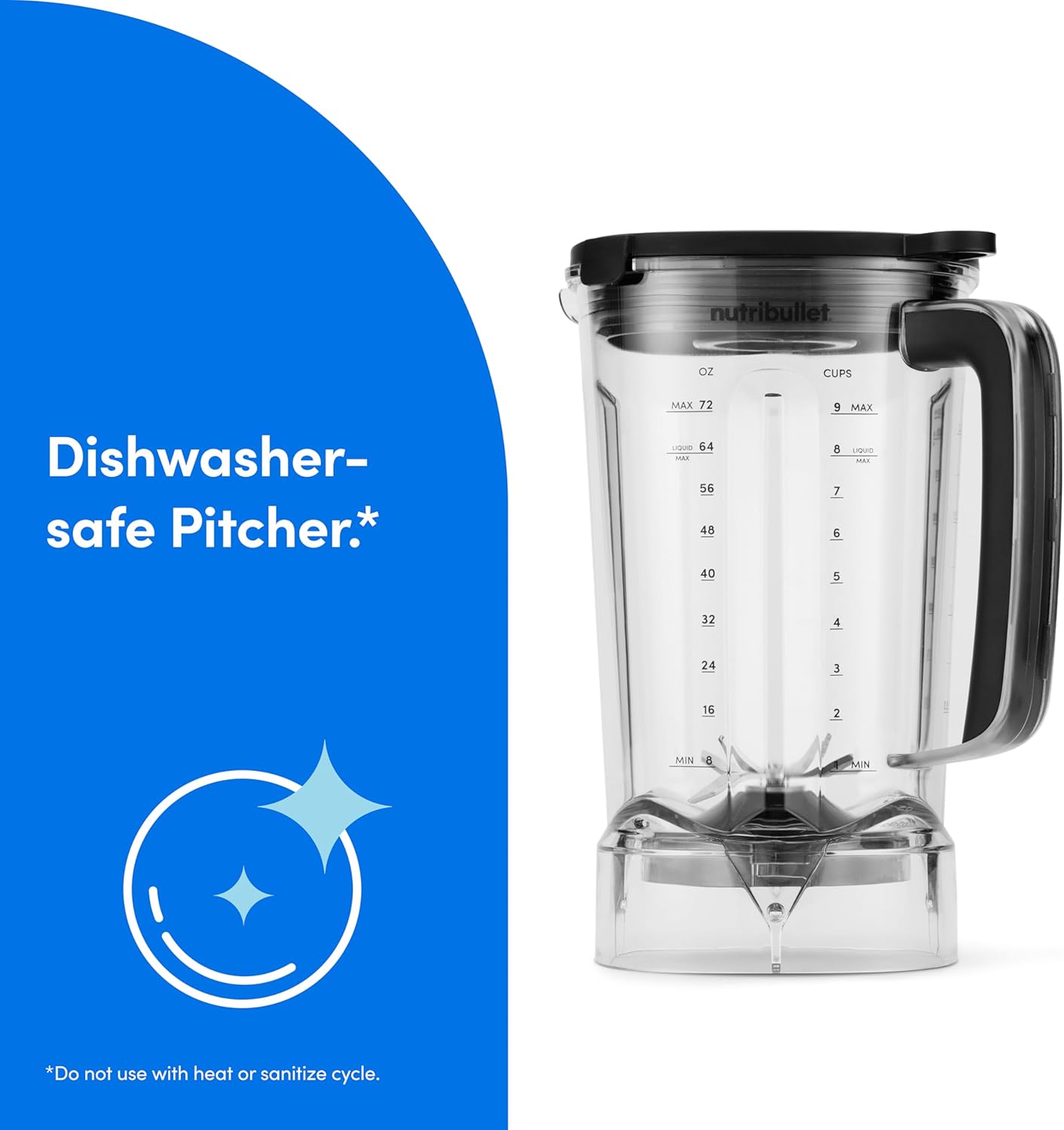 Nutribullet 0Z CUPS Dishwasher-safe Pitcher.*  
MAX 72 - 64 56 48 40 32 24 16 8  
MAX 9 8 7 6 5 4 3 2 1  
MIN 6 MIN  
*Do not use with heat or sanitize cycle.