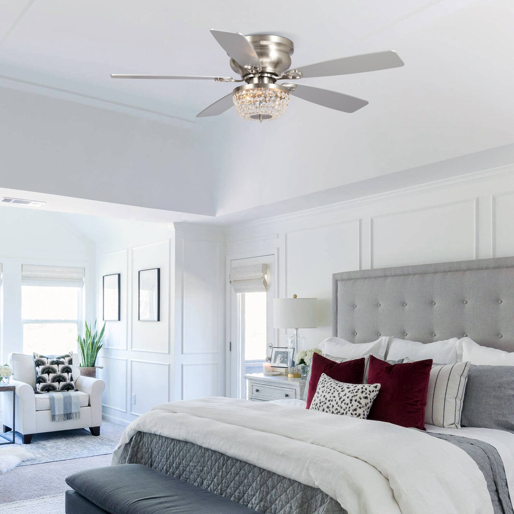 Left. Parrot Uncle - 48" Modern Nickel Low Profile Crystal Ceiling Fan Chandelier with Light and Remote - Nickel.