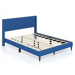 Costway - Queen Size Upholstered Platform Bed with Button Tufted Wingback Headboard - Blue