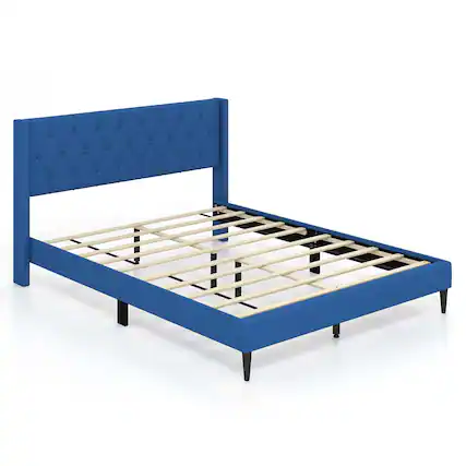 Front. Costway - Costway Queen Size Upholstered Platform Bed with Button Tufted Wingback Headboard - Blue.