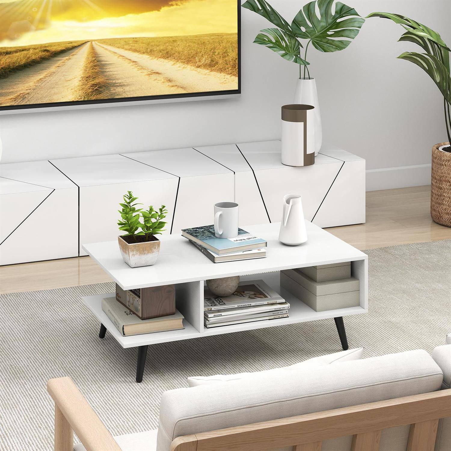 Alt View 1. Pefilos - Mid-Century Modern 2-Tier Rectangular Coffee Table, 2 Open Storage Compartments, Tapered Metal Legs, White - White.