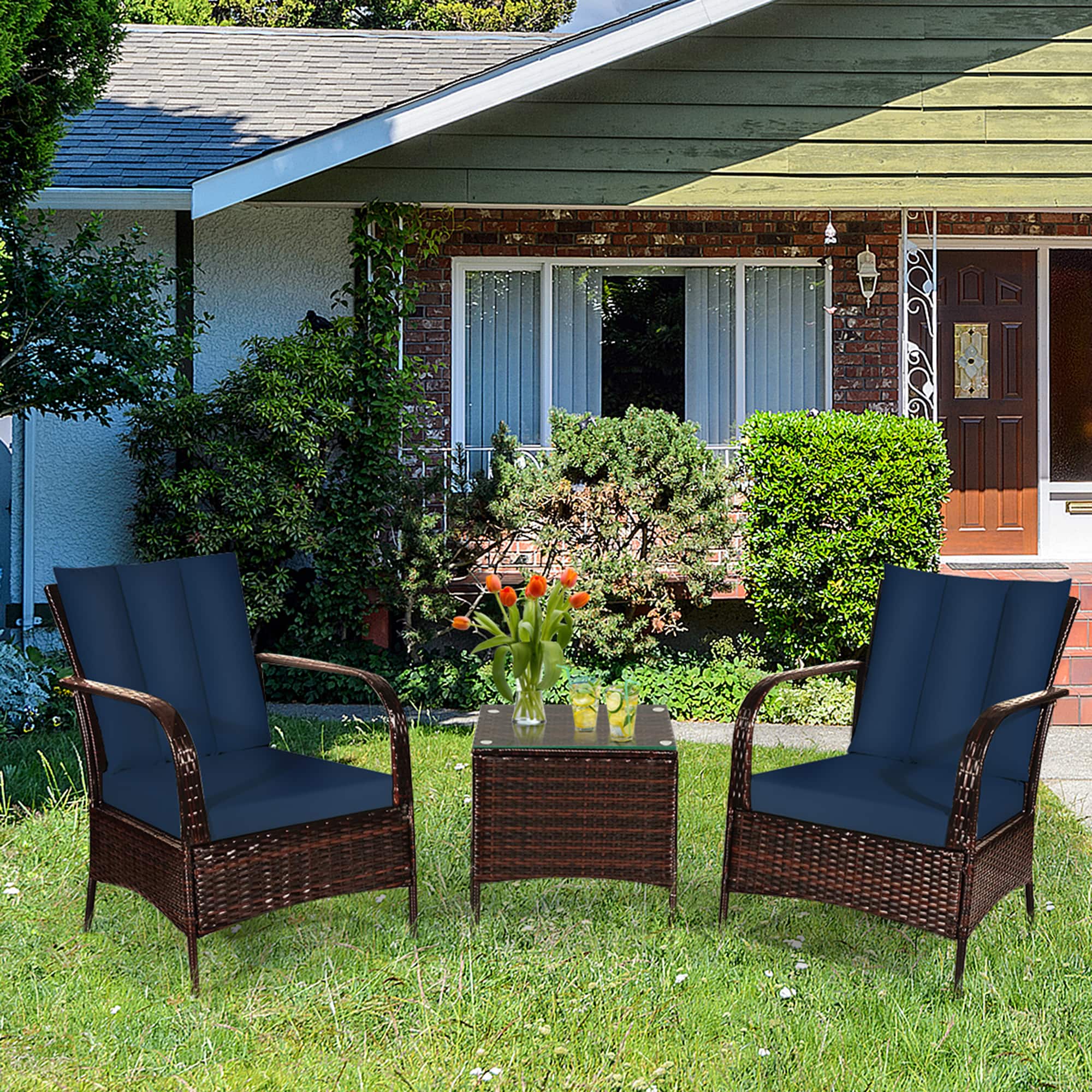 Gymax - 3PCS Rattan Patio Conversation Set Outdoor Furniture Set w/ Table Cushions - Navy