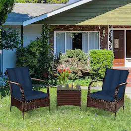 Gymax - 3PCS Rattan Patio Conversation Set Outdoor Furniture Set w/ Table Cushions - Navy