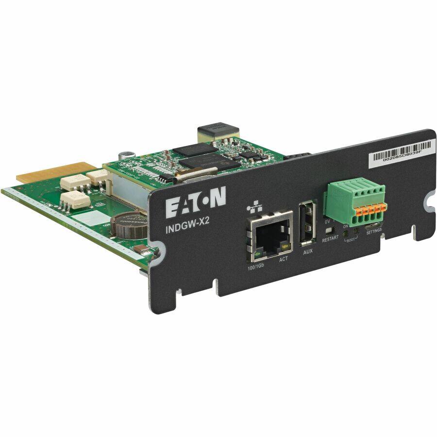 EATON INDGW-X2  
100/1Gb  
ACT 00208500039  
002085  
ON  
SETTINGS  
RESTART  
Lo0r  
AUX