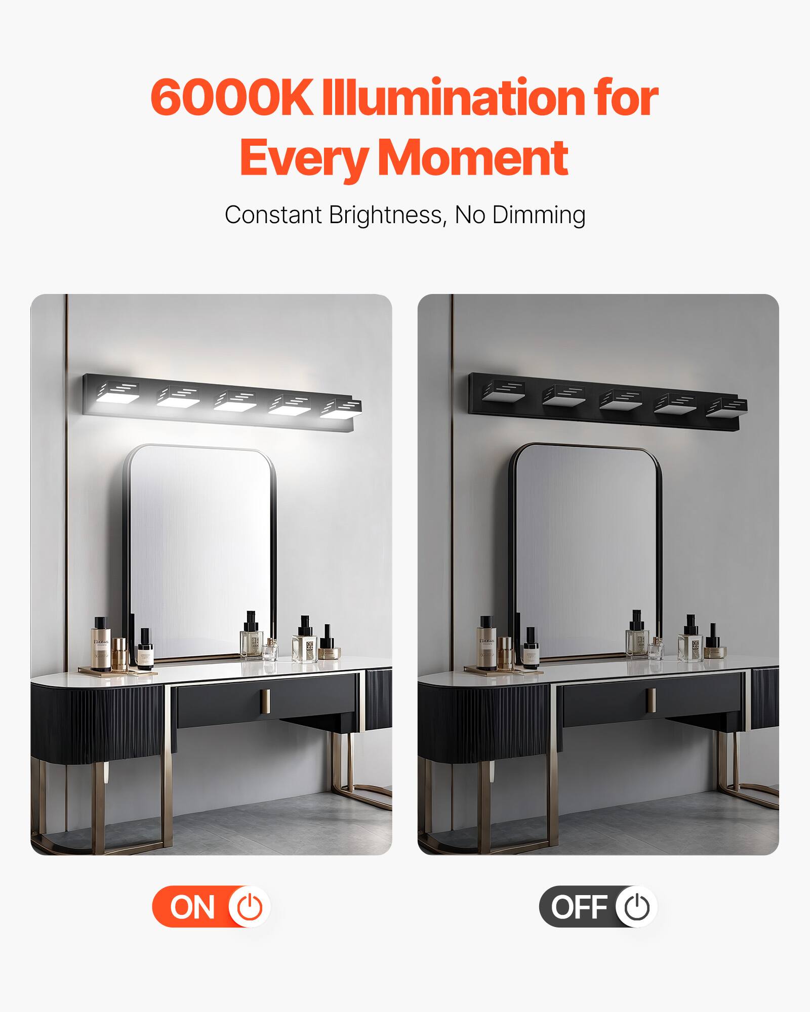 6000K Illumination for Every Moment, Constant Brightness, No Dimming, ON, OFF