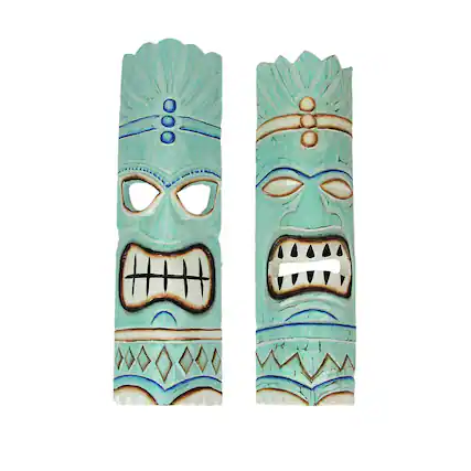 Front. Things2Die4 - Handcrafted Aqua Blue Traditional Polynesian Style Wooden Tiki Mask Wall Hangings – 20 Inches High - Set of 2 - Blue.