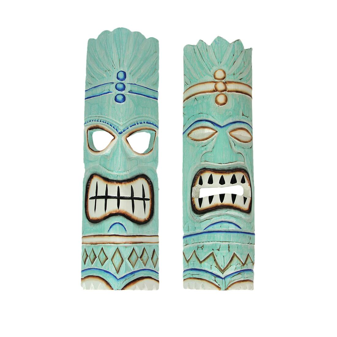 Front. Things2Die4 - Handcrafted Aqua Blue Traditional Polynesian Style Wooden Tiki Mask Wall Hangings – 20 Inches High - Set of 2 - Blue.