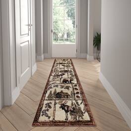 Emma + Oliver - Wilderness Rustic Plush Olefin Accent Rug with Bear, Moose and Cabin Motif and Natural Jute Backing - Brown