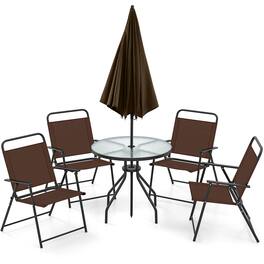 Gymax - 6 PCS Patio Dining Set w/ Umbrella 4 Folding Patio Chairs w/ Round Tempered Glass Table - Black, Brown